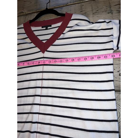 Staccato size L navy & white striped v-neck knit pullover sweater clay red trim - Picture 5 of 6